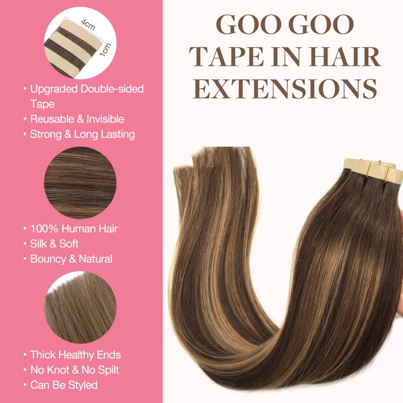 Goo-Goo GOO GOO Tape in Hair Extensions Human Hair, 4/27/4 Balayage Chocolate Brown to Caramel Blonde, 20inch 50g 20pcs, Thick Ends Straight Seamless, Invisible - Image 2